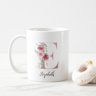 Florales Anfangs-E mit rosafarbenen Rosen editierb Kaffeetasse