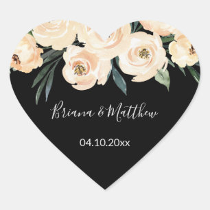 Florales Beige auf schwarzen Hochzeitsgeschenken H Herz-Aufkleber