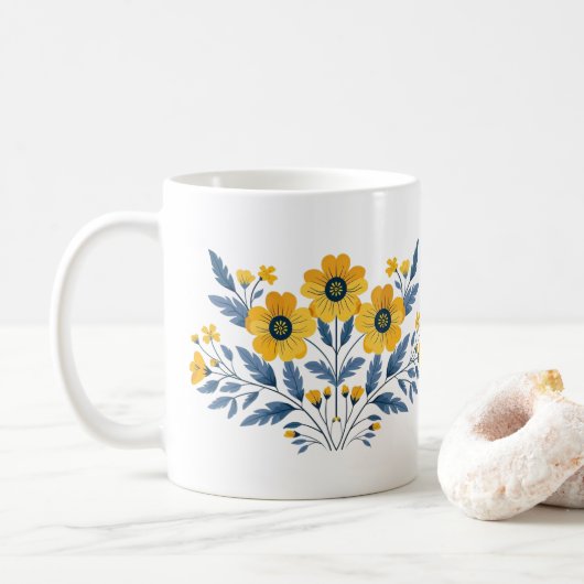 Florales Blau- und Gelb-Sträußchen Kaffeetasse (Mit Donut)