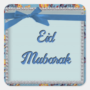 Florales blaues Scrapbook-Stil-Eid-Mubarak-Aufkleb Quadratischer Aufkleber