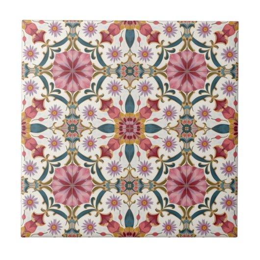 Florales Boho-Muster in Rot, Pink & Türkis Fliese (Vorderseite)