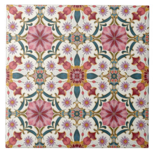 Florales Boho-Muster in Rot, Pink & Türkis Fliese
