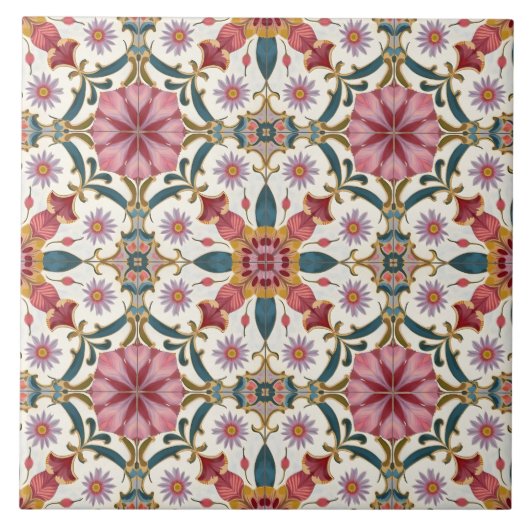 Florales Boho-Muster in Rot, Pink & Türkis Fliese (Vorderseite)