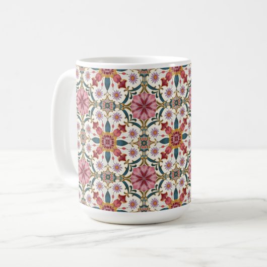 Florales Boho-Muster in Rot, Pink & Türkis Kaffeetasse (Vorderseite Links)