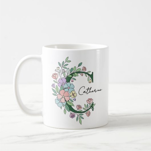 Florales botanisches Monogramm | Benutzerdefiniert Kaffeetasse (Links)