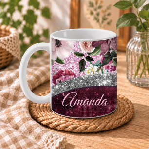 florales Burgund rosa silbernes falsches Glitter M Kaffeetasse