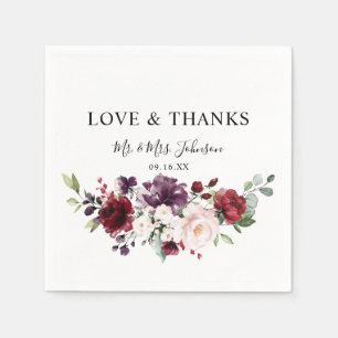 Florales Burgunder-Rosa-Aquarell-Liebe und Dank Serviette
