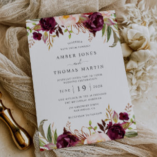 Florales Burgunder-Rosa-Blüten-Hochzeit Einladung