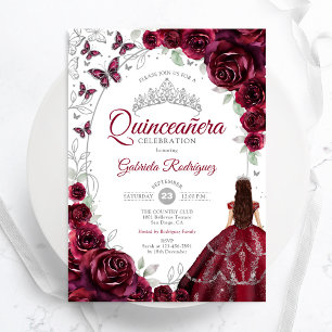 Florales Burgunderrot Silber Quinceanera Einladung