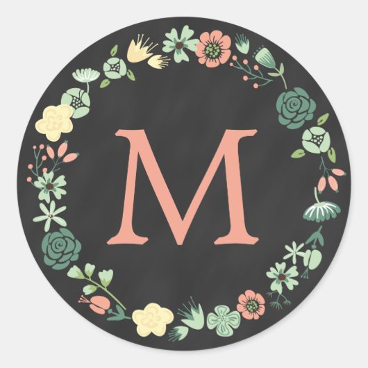 FLORALES CHALKBOARD-MONOGRAMM RUNDER AUFKLEBER (Vorderseite)