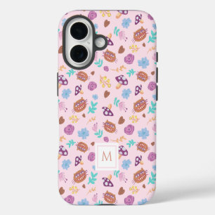 Florales Cheshire-Cat-Muster mit rosa Monogramm iPhone 16 Hülle
