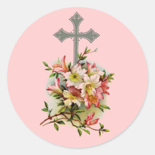 Florales christliches Kreuz Runder Aufkleber