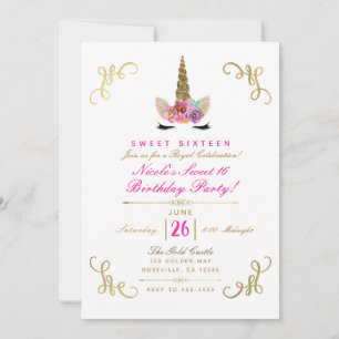 Florales Einhorn Glamour Gold Märchenecken Party Einladung