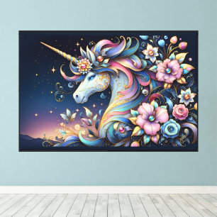 Florales Einhorn Nacht Fantasy Leinwanddruck
