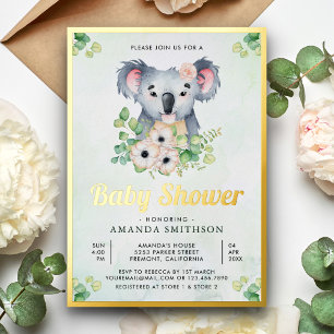 Florales Eukalyptus Koala Mädchen Baby Shower Gold Folieneinladung