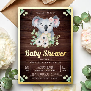 Florales Eukalyptus Koala Mädchen Holz Baby Shower Folieneinladung