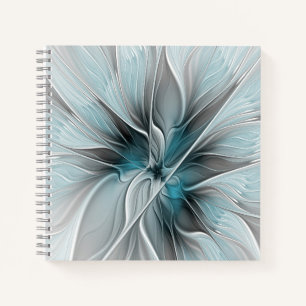 Florales Fraktal Modernes Abstract Blumen Blau Gra Notizblock