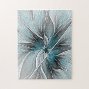 Florales Fraktal Modernes Abstractes Blumen Blau G Puzzle
