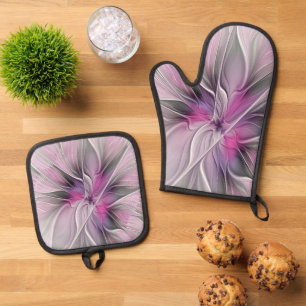 Florales Fraktal Modernes Abstractes Blumen Pink G Ofenhandschuh & Topflappen-Set
