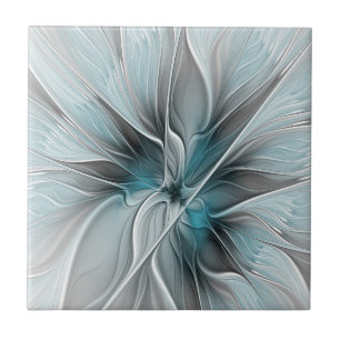 Florales Fraktal Modernes abstraktes Blumen Blau G Fliese