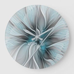 Florales Fraktal Modernes Abstraktes Blumen Blau G Große Wanduhr