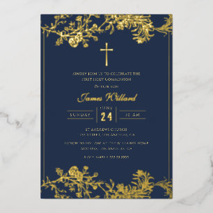 Florales goldenes Kreuz Navy Jungen Erstkommunion Folieneinladung