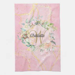 Florales goldenes Schriftmonogramm rosa Geode Acha Geschirrtuch