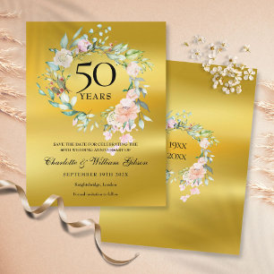 Florales Goldfolien 50. Hochzeitstag Save-the-Date Ankündigungspostkarte