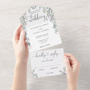 Florales Grünherz-Skript Minimalistische Hochzeit All In One Einladung