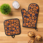 Florales Halloween Ofenhandschuh & Topflappen-Set (Oben Unten)