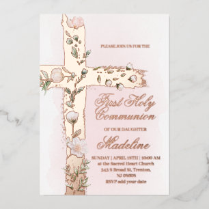 florales Heiliges Kreuz Erstkommunion Folieneinladung