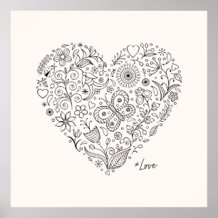 Florales Herz-Doodle Romantische Botanische Linien Poster