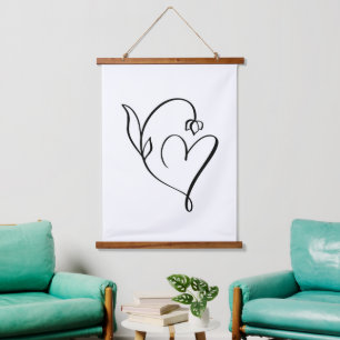 Florales Herz – Minimalistische Linienkunst  Wandteppich Mit Holzrahmen