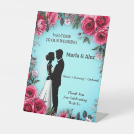 🌷 Florales Hochzeitspaar in Türkis und Rosa 🌷 Sockelschild