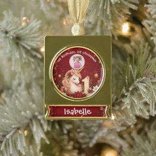Florales Karmesin Einhorn 1. Geburtstag Weihnachte Banner-Ornament Gold