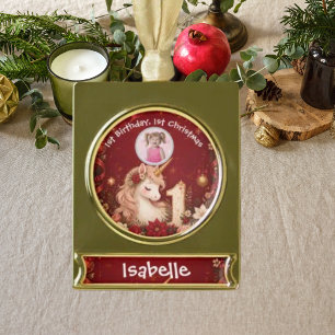 Florales Karmesin Einhorn 1. Geburtstag Weihnachte Banner-Ornament Gold