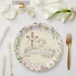 Florales Kreuz und Lamm | Frohe Ostern Pappteller
