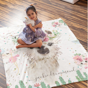 Florales Lama-Gesicht   Signatur-Monogramm-Fleece Fleecedecke