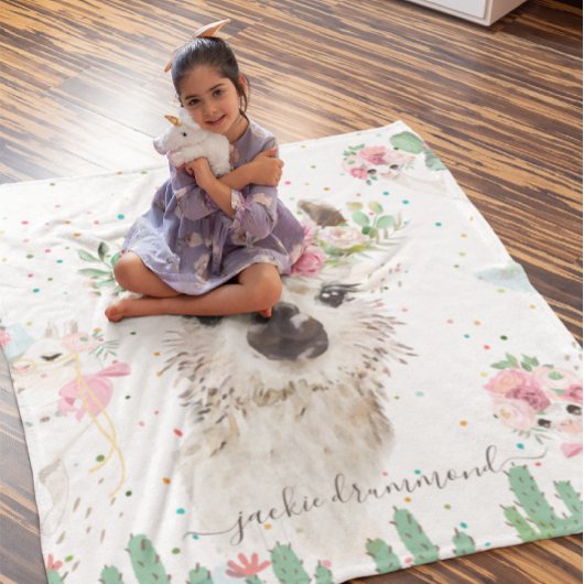 Florales Lama-Gesicht | Signatur-Monogramm-Fleece Fleecedecke