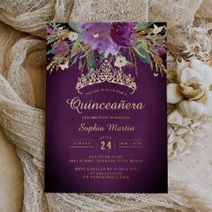 Florales Lila Gold Amethyst Quinceanera Folieneinladung