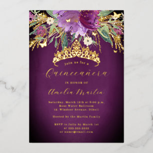 Florales Lila Gold Amethyst Quinceanera Folieneinladung