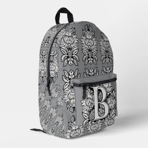 Florales Monogramm "B" Schwarz-Weiß-Tätowierblumen Bedruckter Rucksack