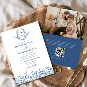 Florales Monogramm-Foto-QR-Code Navy Blau Hochzeit Einladung