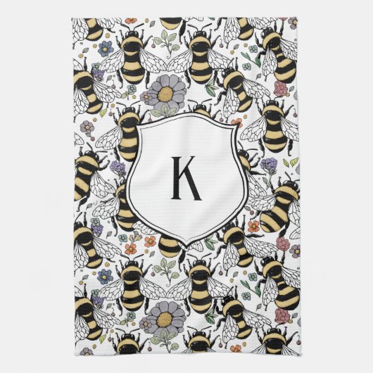 Florales Monogramm Hummel Geschirrtuch (Vertikal)