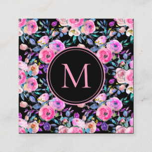 Florales Monogramm in Rosa mit Wasserfarbe Quadratische Visitenkarte