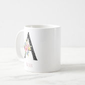 Florales Monogramm Name A schwarze Polka-Punkte Kaffeetasse (Vorderseite Links)