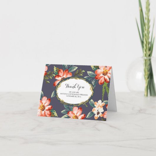 florales Navy-Gold Hochzeits-Dankeschön Dankeskarte (Vorderseite)