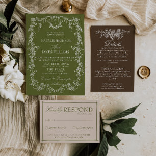 Florales Olivgrün Braunes Garten Monogramm Hochzei Einladung