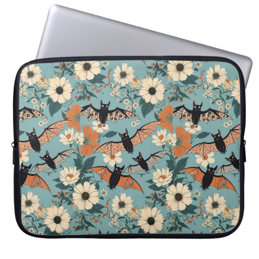 Florales Patchwork Halloween Fledermäuse & Blumen Laptopschutzhülle (Vorderseite)