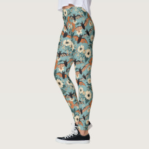 Florales Patchwork Halloween-Fledermäuse & Blumen Leggings